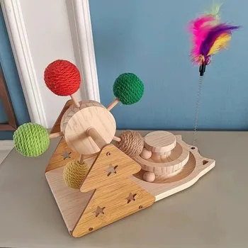 3-in-1 Multi-Functional Interactive Cat Toy Set - Interactive Ferris Wheel Sisal Ball, Cat Teaser Wand, And Solid Wood Cat 1