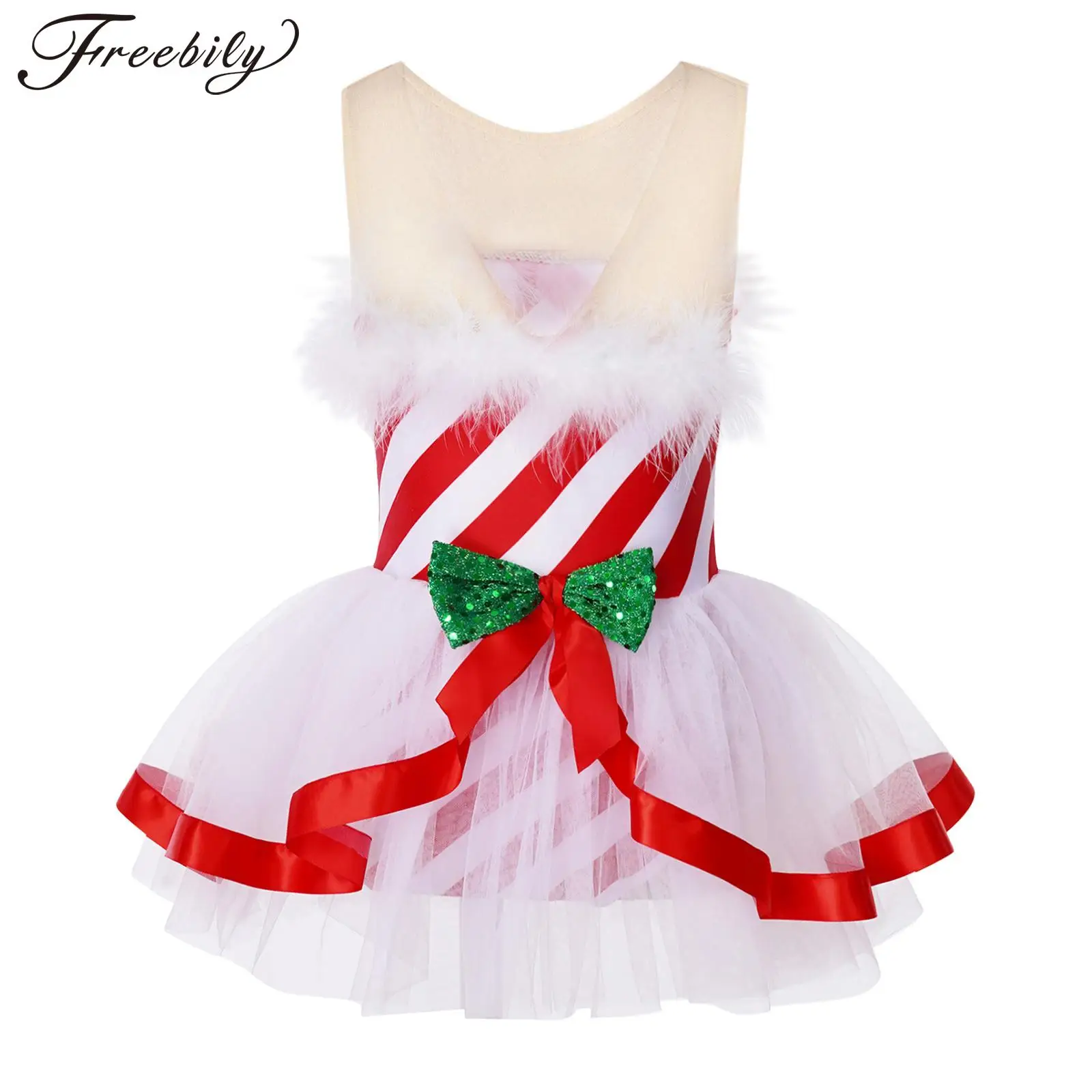 

Kids Girls Christmas Xmas Dancewear Ballet Gymnastics Leotard Dress Sleeveless Fluffy Stripe Mesh Tutu Stage Performance Costume
