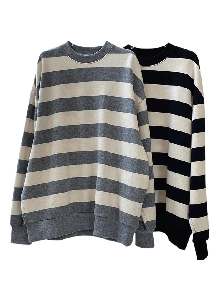 [LANMREM] Striped Pullover Sweatshirt For Women Round Neck Long Sleeve Casual Loose Tops Fashion 2024 Spring New 26D7204