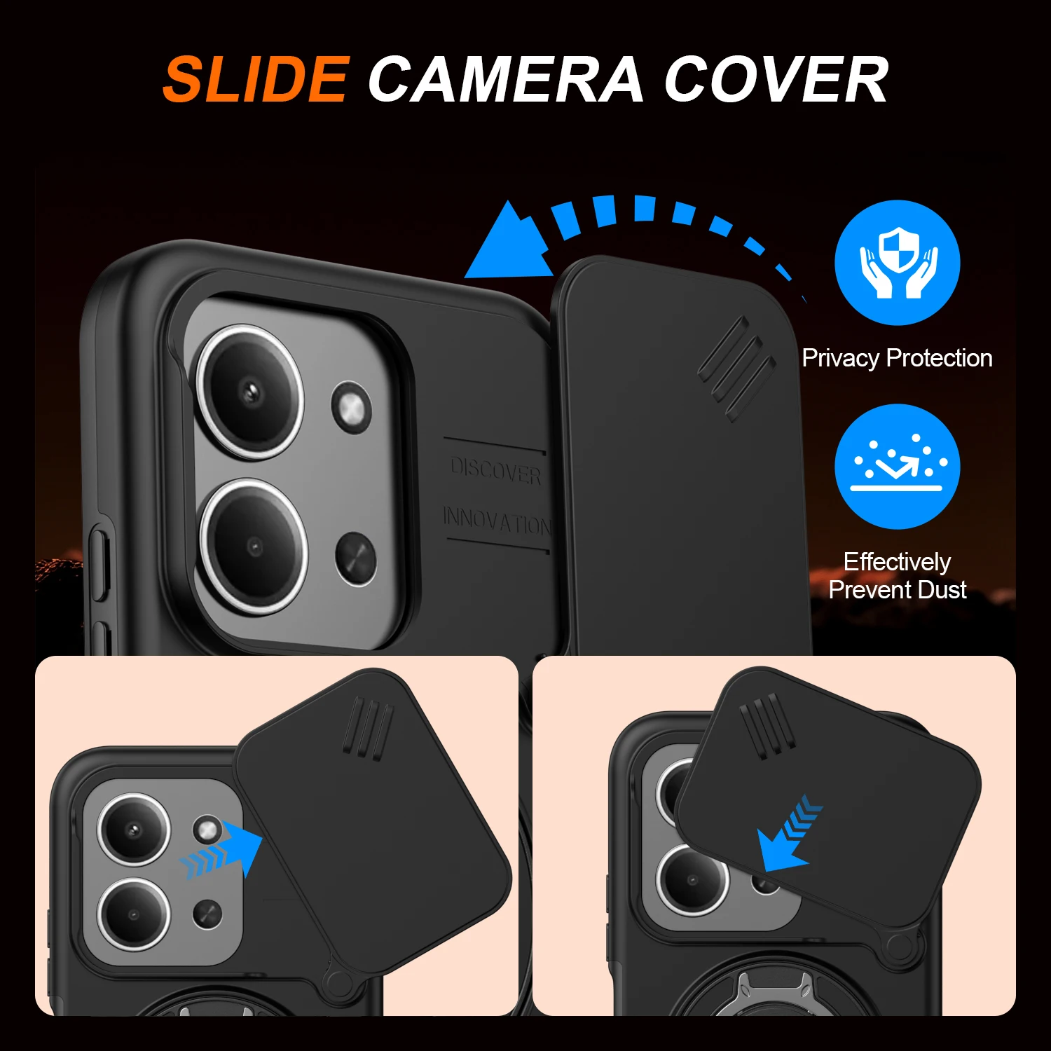 Shockproof Sliding Camera Cover Case with Metal Ring Stand and TPU Frame - Armor Series