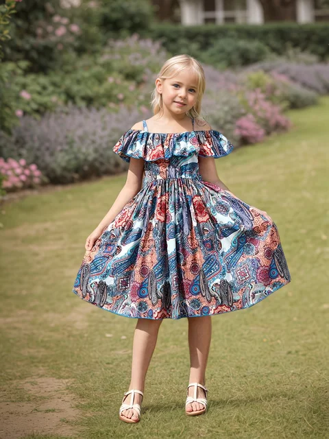 Robe d'été pour filles de 7 à 14 ans, bretelles spaghetti, épaules dénudées, volants, imprimé tropical coloré, pour les vacances à la plage, élégante pour les enfants 1