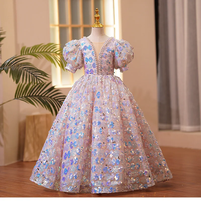 

Chic Wedding Formal Dress Flower Organza Sequins Pearls Princess Girls Kids Dresses Children Banquet Homecoming Party Prom Gowns