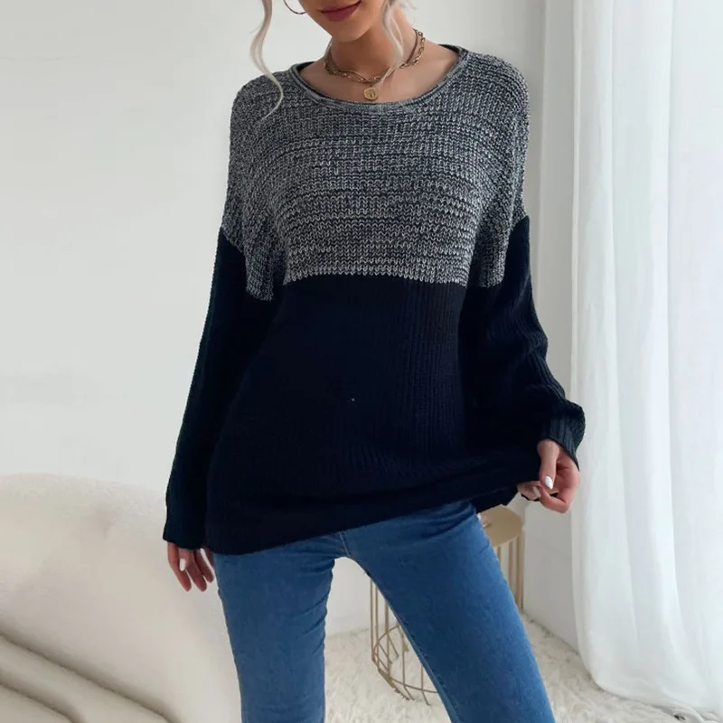 

2022 European and American Fashion Women's Wear Long Sleeve Contrast Color Bottoming Sweater Slim Fit Autumn and Winter Women