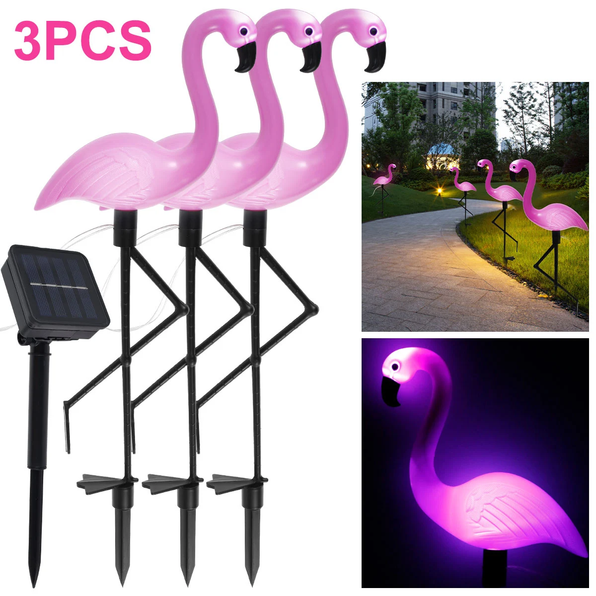 

3PCS Flamingo Solar Light Waterproof LED Pink Flamingo Stake Light Landscape Ground Lamp for Outdoor Pathway Xmas Garden Decor