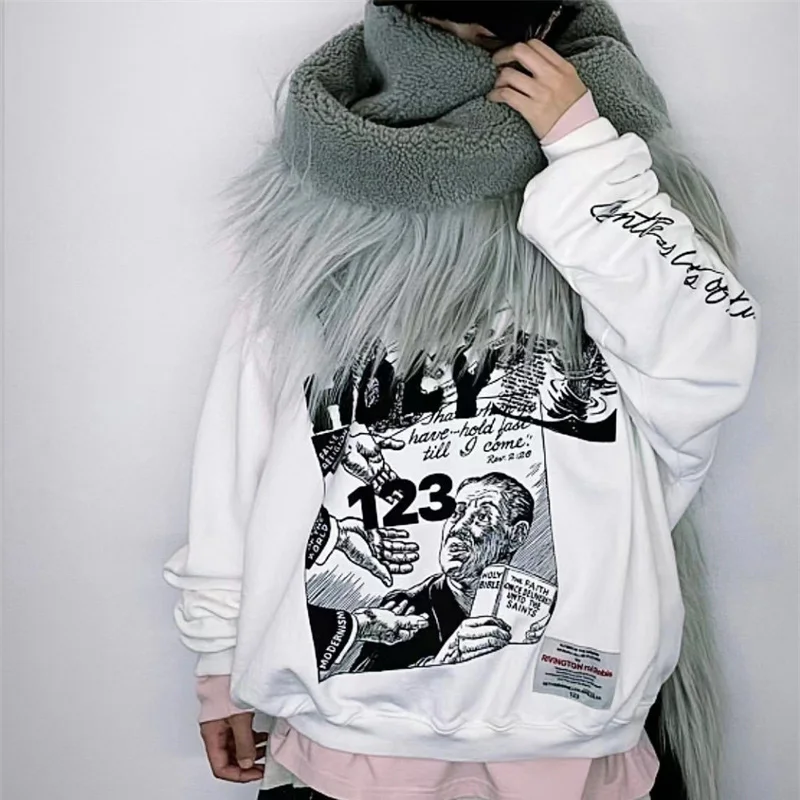 

RRR123 New Pullover Graffiti Illustration Old Washed Street Men's And Women's Round Neck Hoodies