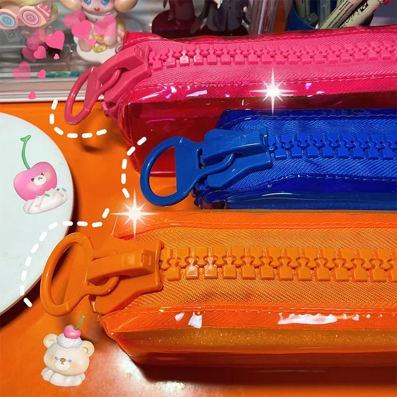 Large Zipper Pencil Case Color Square Large Capacity Student Stationery School Supplies Fluorescent Transparent PVC Storage Bag Pencil Cases