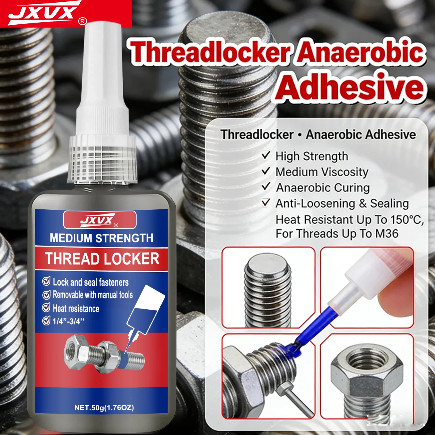 Medium to High Strength Blue Threadlocker Adhesive - 50ml Anaerobic Anti-Loose Screw Glue Agent