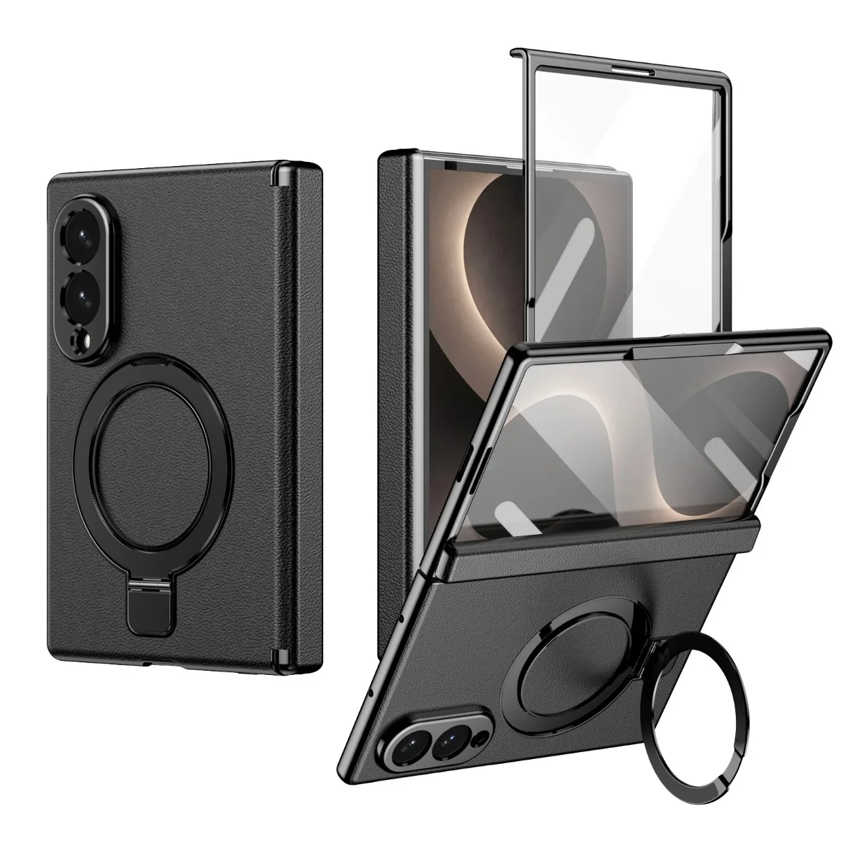 Magnetic Hinge Protection Case with Screen Protector & Rotating Ring Holder