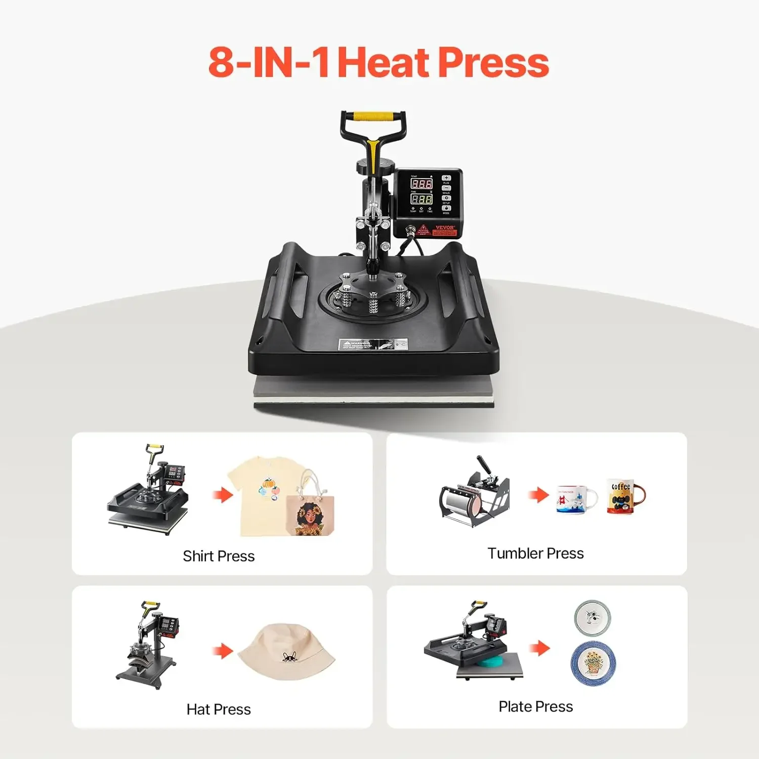 Heat Press Machine 8 in 1 Combo 15x15 Inch, 360° Swing Away Digital Tshirt Press Machine, Clamshell Sublimation Heat Press 3