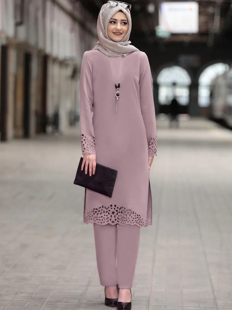

Muslim Dubai Abayas For Women Hollow Out Floral Ramadan Robe Two Piece Abaya Suits Modest Clothing Sets Evening Long Dresses