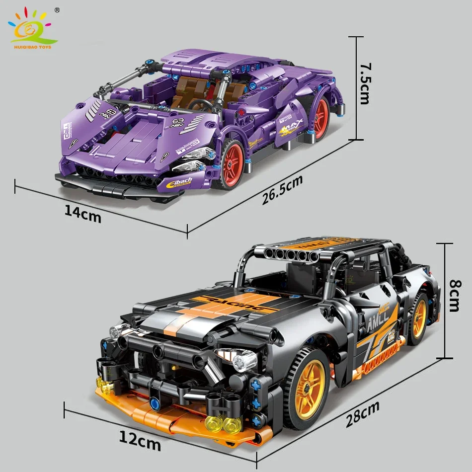 HUIQIBAO Technical 1/18 Super Racing Car Model Building Blocks Automobile Pull Back MOC Vehicle Bricks Children Construction Toy