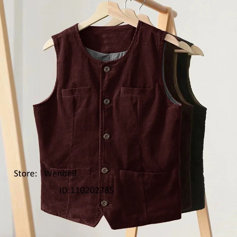 Men's Corduroy Vest Retro Punk Casual Sleeveless Jacket Waistcoat Man Jackets Kuecho Clothes Fan Air Conditioning Male Coat Top