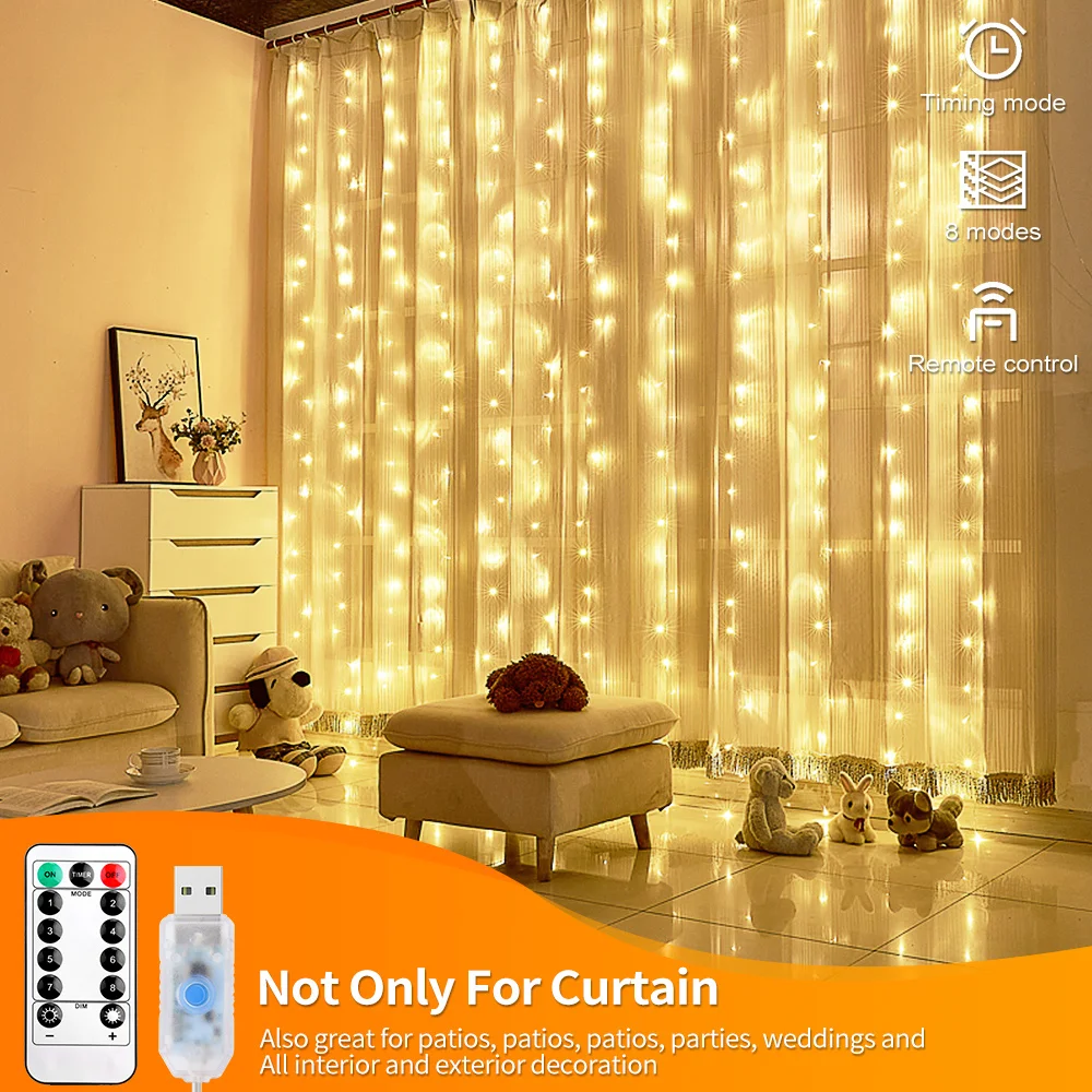 Curtain LED 3x3m 300led string light USB fairy icicle copper wire remote control Christmas wedding garden window outside