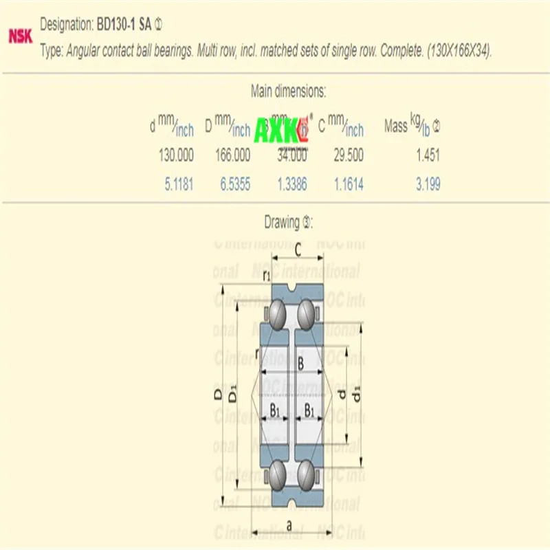 NSK 굴삭기 베어링 BD130-1 SA 각도 접촉 볼 베어링, BD130-1SA 130x166x34mm