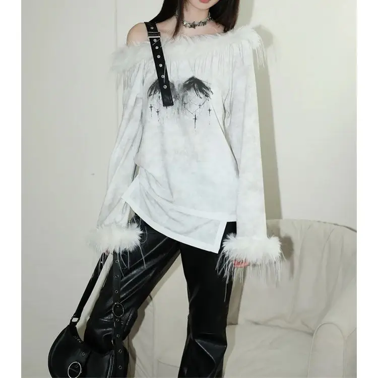 

Women's White Graphic Print T-shirt Harajuku Korean Y2k Tee Top Clothes 90s Aesthetic 2000s Fashion Vintage T-shirts Autumn 2024