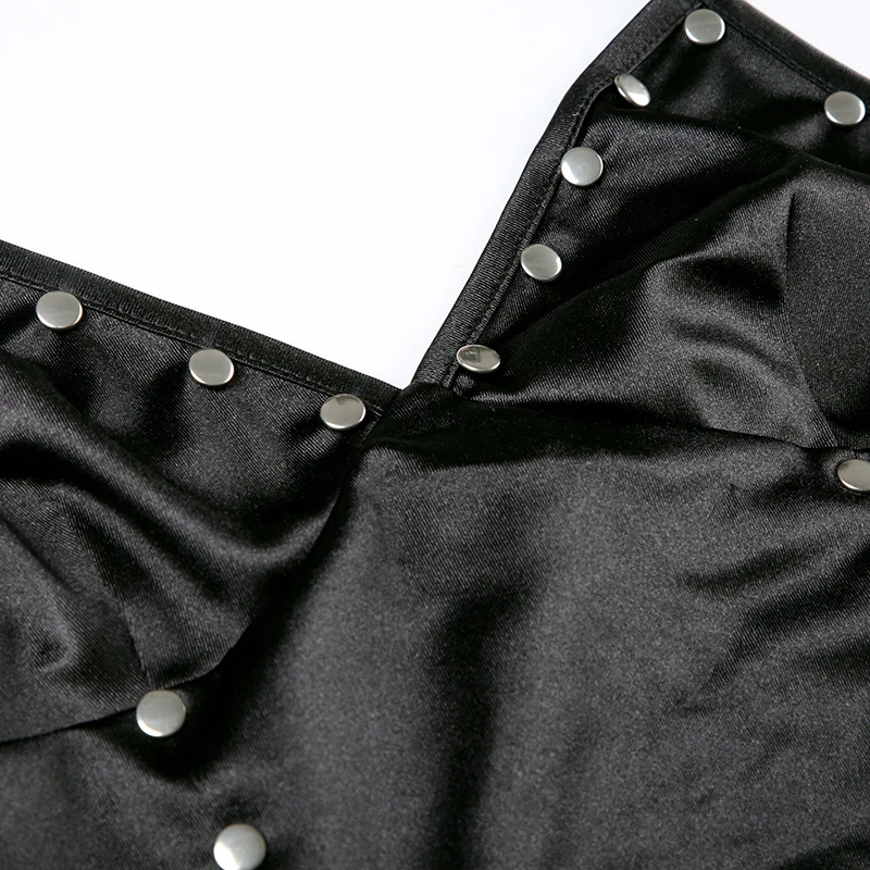 Camisola sexy ajustada de PU con diseño de remaches de satén empalmados para mujer, blusas de moda retro Gyaru Darkly Punk