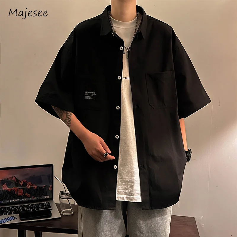 

Casual Shirts Men Loose Half Sleeve Daily Summer Patch Pocket Fashion Japanese Style Teenagers Solid Color Streetwear Simple