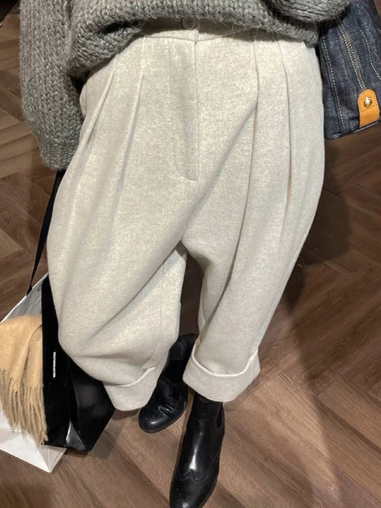 Getadme-Chic Women Casual Loose Pockets Woolen Suit Pants Autumn Winter High Waist Thicken Korean Ladies Solid Harem Trousers