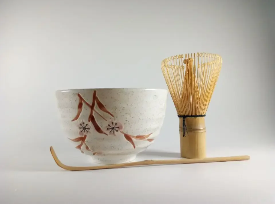 Japanese Matcha Bowl Cup Arahake Spoon w/ 100 Count Whisk Tea Ceremony Gift Set