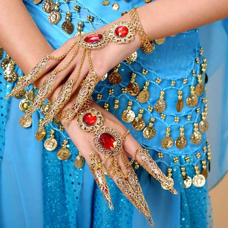 1Pc Vintage Bracelet for Women Girl Red Crystal Pave Bracelets 5Pcs Long Fake Nails Ring for India Thailand Ethnic Dance Jewelry