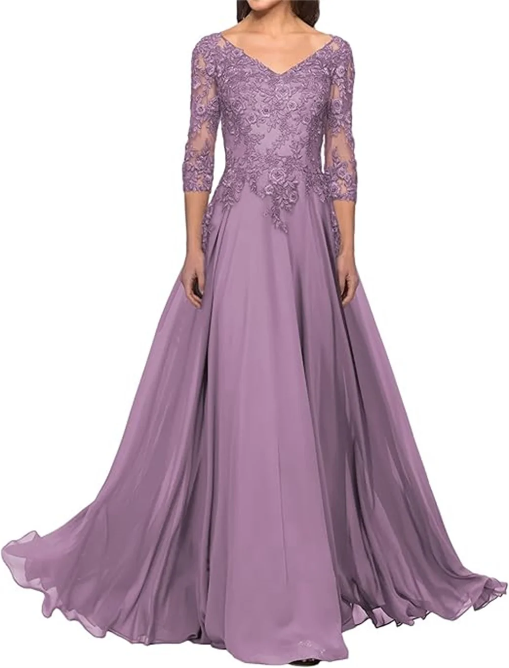 Mother Of The Bride Dresses Long Chiffon Evening Dress V Neck Lace Flowers Appliques Formal Party Gowns With Sleeves