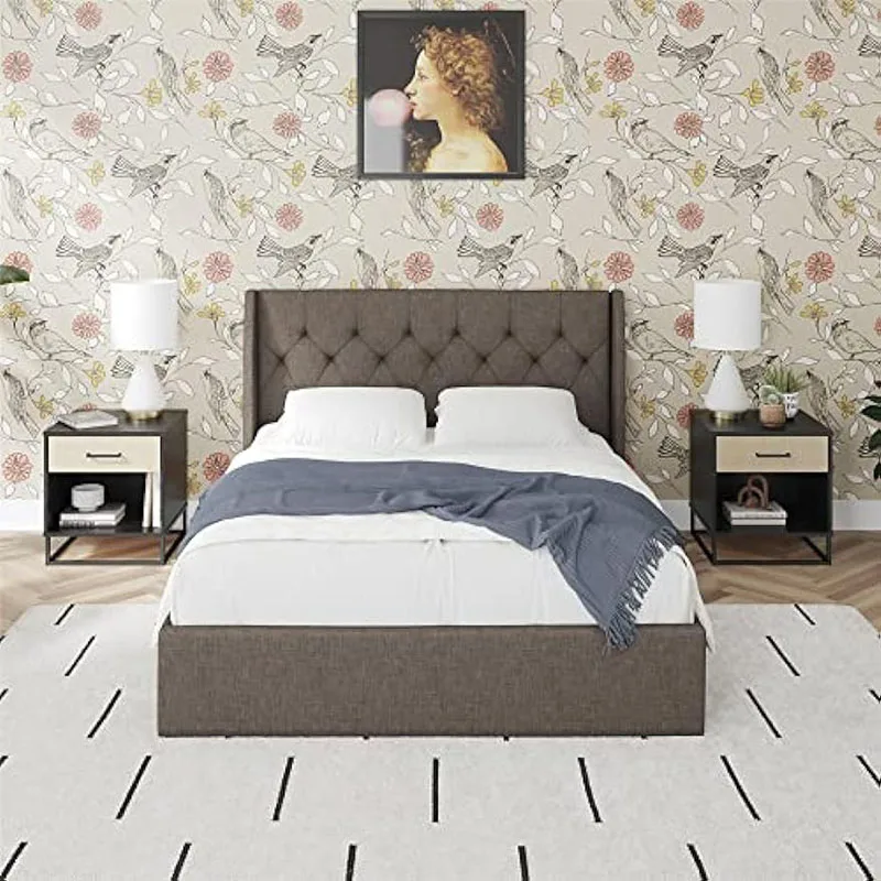

Queen Size Bed Frames Lift Up Storage Floor Platform, Modern Nightstands Loft Beds For Aduts Grey Linen Living Room Furniture