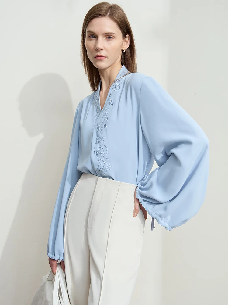 Amii Chiffon Women's Blouse 2025 Autumn New V-neck Letter Embroidered Top Elegant Lantern Sleeve Loose Women's Shirt 12421028