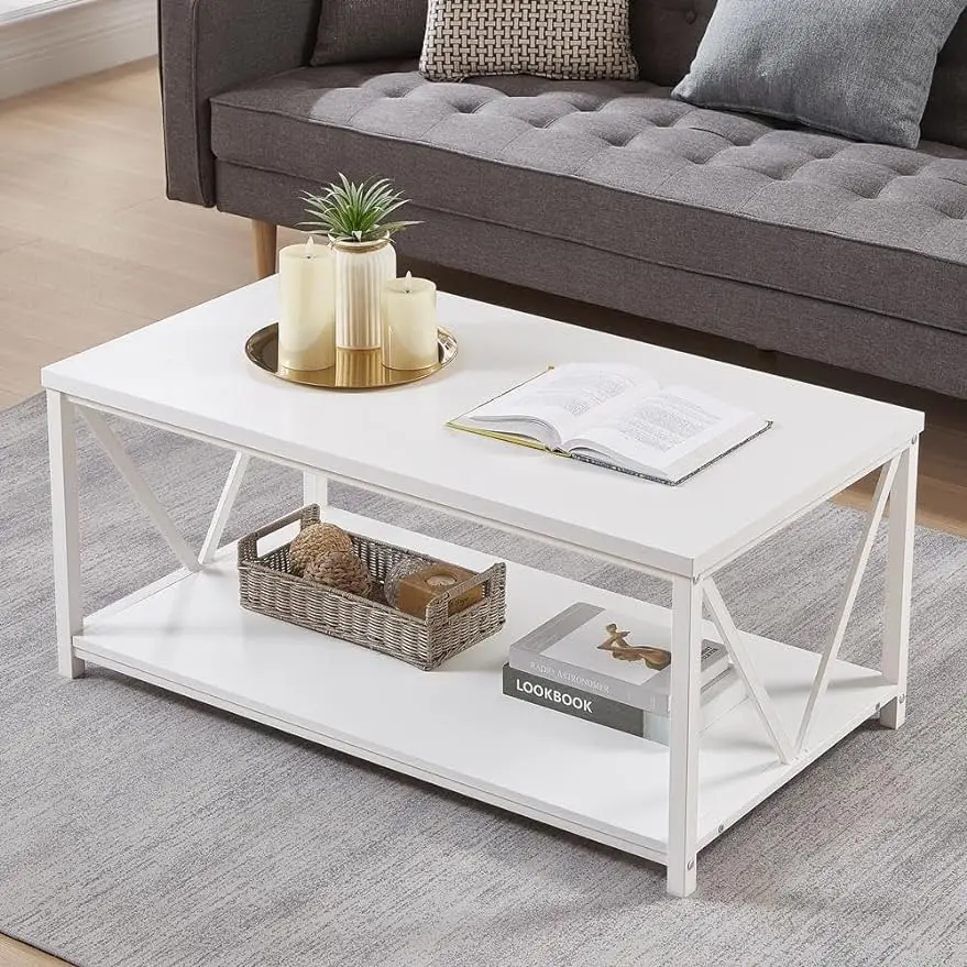 

Rustic Coffee Table, Modern Living Room Table with Storage Shelf