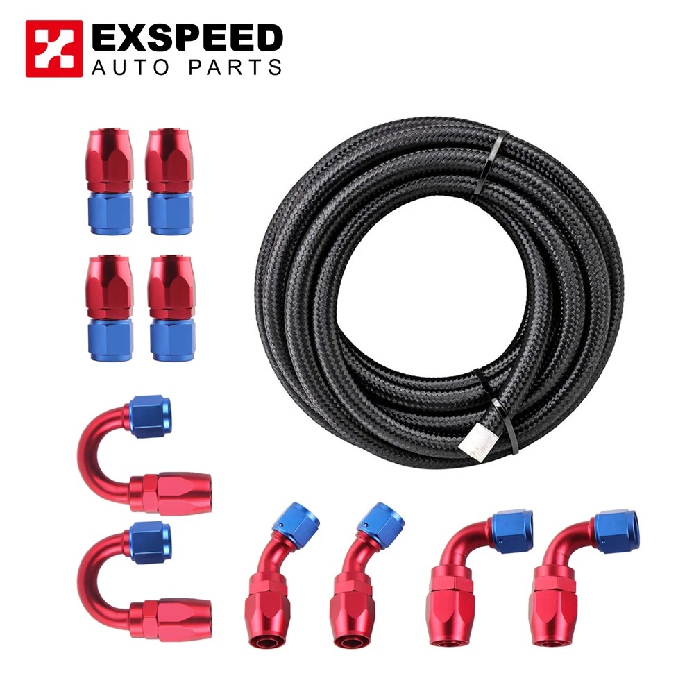 

16FT 10-AN 5/8" Tube Nylon Stainless Steel Braided CPE Black Fuel Line Fitting Kit with 10pcs Rotary Swivel Hose Ends blue&Red