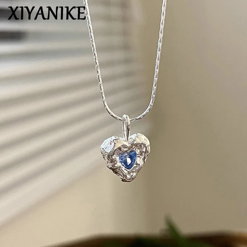 쥬얼리보석 XIYANIKE 한국 블루 지르콘 프릴 하트 목걸이, 여성용 뷰티 럭셔리 패션, 새로운 쥬얼리, 레이디 선물, 파티 콜리어, 팜므 쥬얼리보석 XIYANIKE 한국 블루 지르콘 프릴 하트 목걸이, 여성용 뷰티 럭셔리 패션, 새로운 쥬얼리, 레이디 선물, 파티 콜리어, 팜므