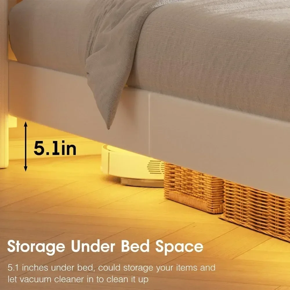 Full Size Floating Bed Frame,Upholstered PU Leather Platform Bed with Charging Station & Button Tufted Headboard Storage 6