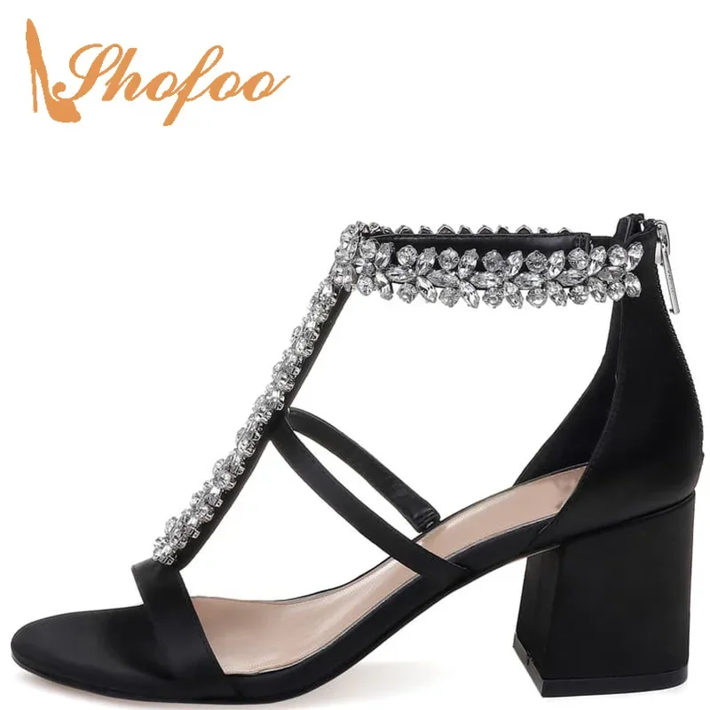 

Black Crystal Satin High Chunky Heels Sandals Woman Ankle Strap Large Size 11 16 Zippers For Ladies Wedding Shoes Sweet Elegant