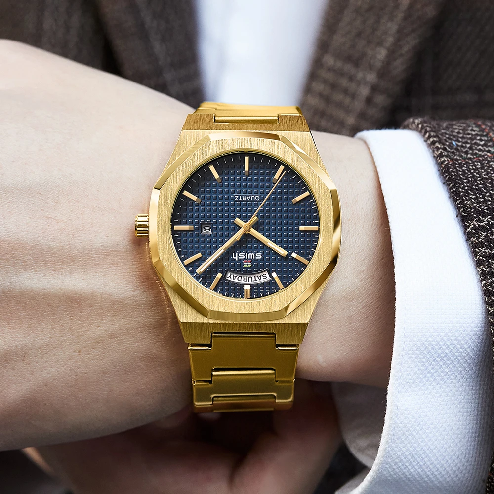 Top Brand Luxury Watch for Men Waterproof Square Wristwatch Relogio Masculino Weekday Date Blue Face Full Steel Japan Quartz