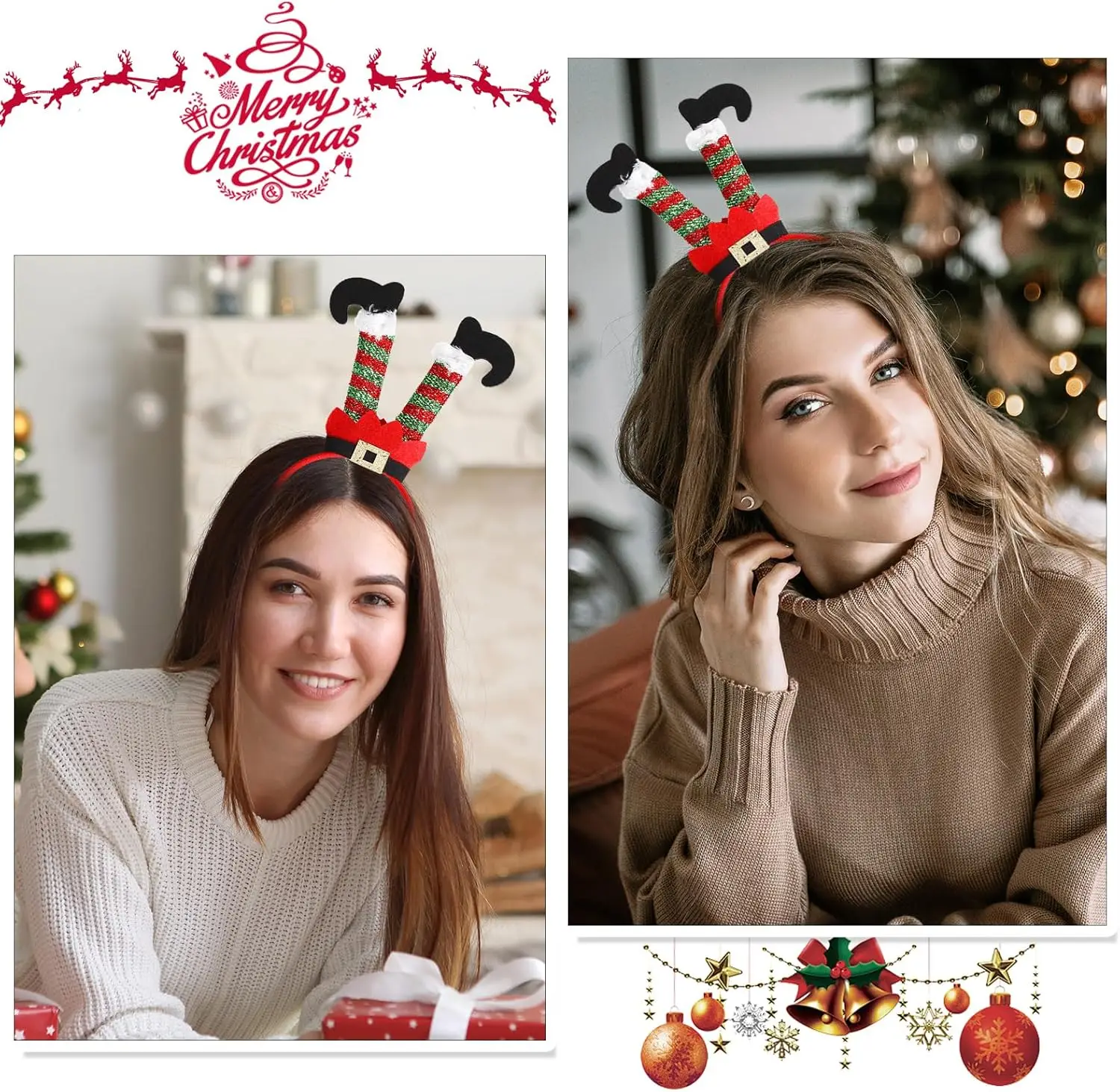 1PC Christmas Elf Leg Headband Glittery Red Green Striped, Festive Holiday Party Hair Accessory For Women & Kids