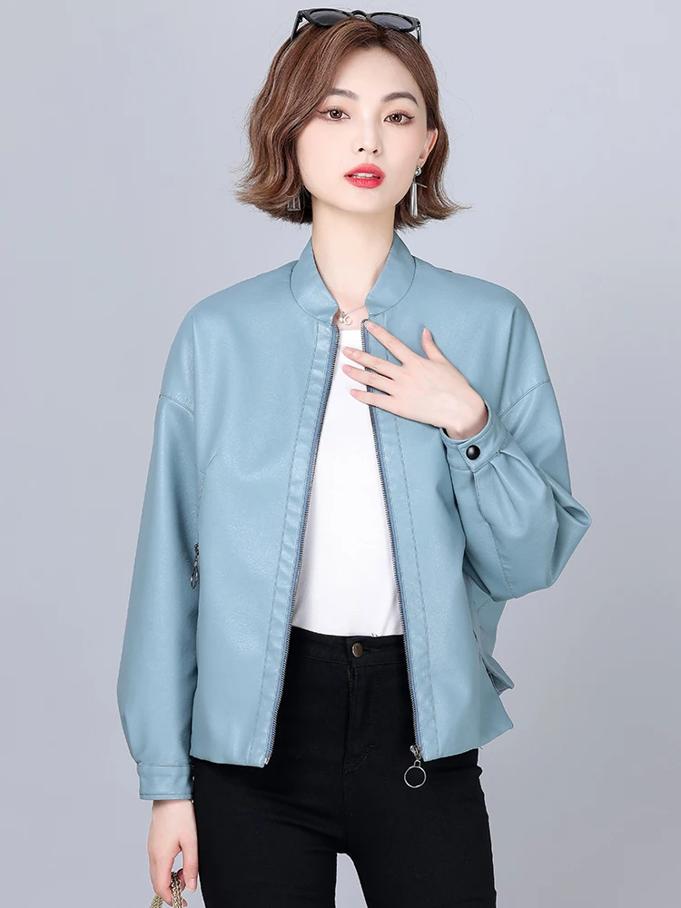 New Women Loose Leather Jacket Spring Autumn Fashion Stand Collar Bat Sleeve Casual Oversize Sheepskin Jacket Split Leather Coat
