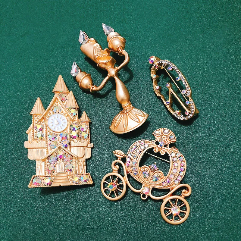 

New Fairy Tale Collection Cartoon Rhinestones Set Brooch Openwork Pumpkin Car Pins Women's Luxury Jewelry Accessories Gifts