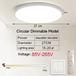 Dimmable Modern LED Ceiling Light Fixture with Remote Control (30W White 85V - 265V)