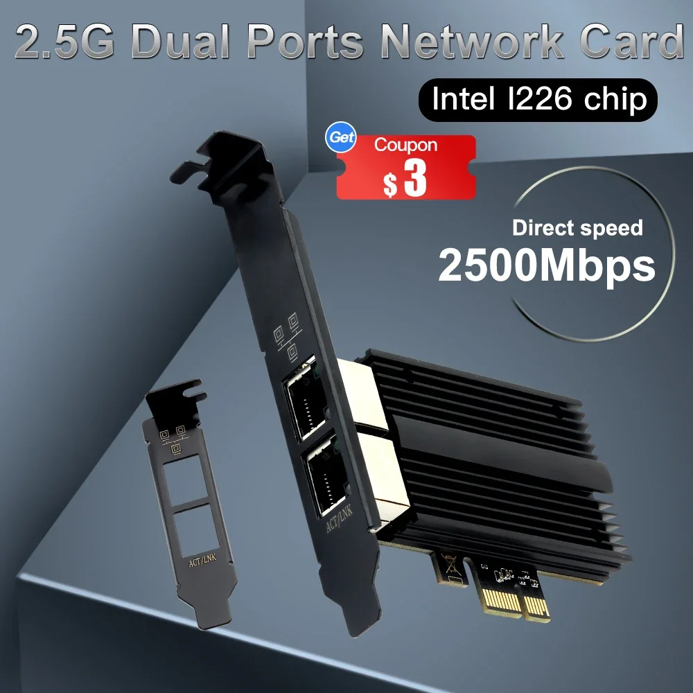 Placa de Rede Pci-e para Rj45 Intel I226 Gigabit Ethernet Rj45 Portas Duplas 1000 2500m Pci Express Adaptador Wlan para Desktop 2500mbps