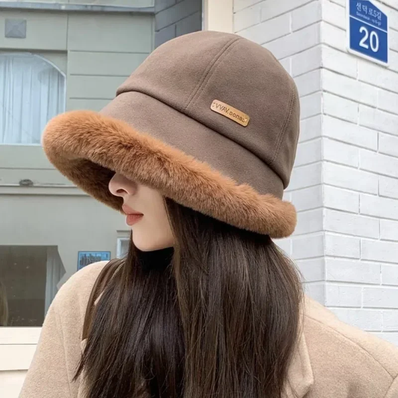 

Winter Women Plush Solid Color Bucket Hat Fisherman Cap Thick Fluffy Fur Panama Basin Cap Windproof Female Warm Bonnet Visors