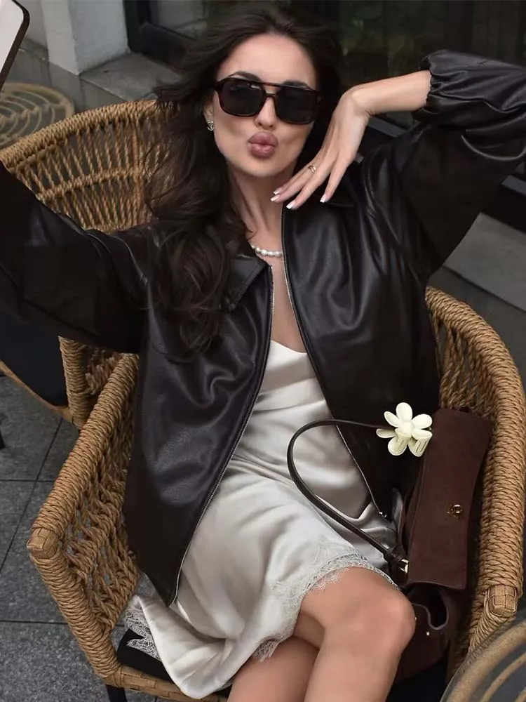 Women Leather Jacket 2025 New Spring Fashion Long Sleeve Zipper Coat  Female High Street OuterwearLong Sleeve New Jackets ﻿