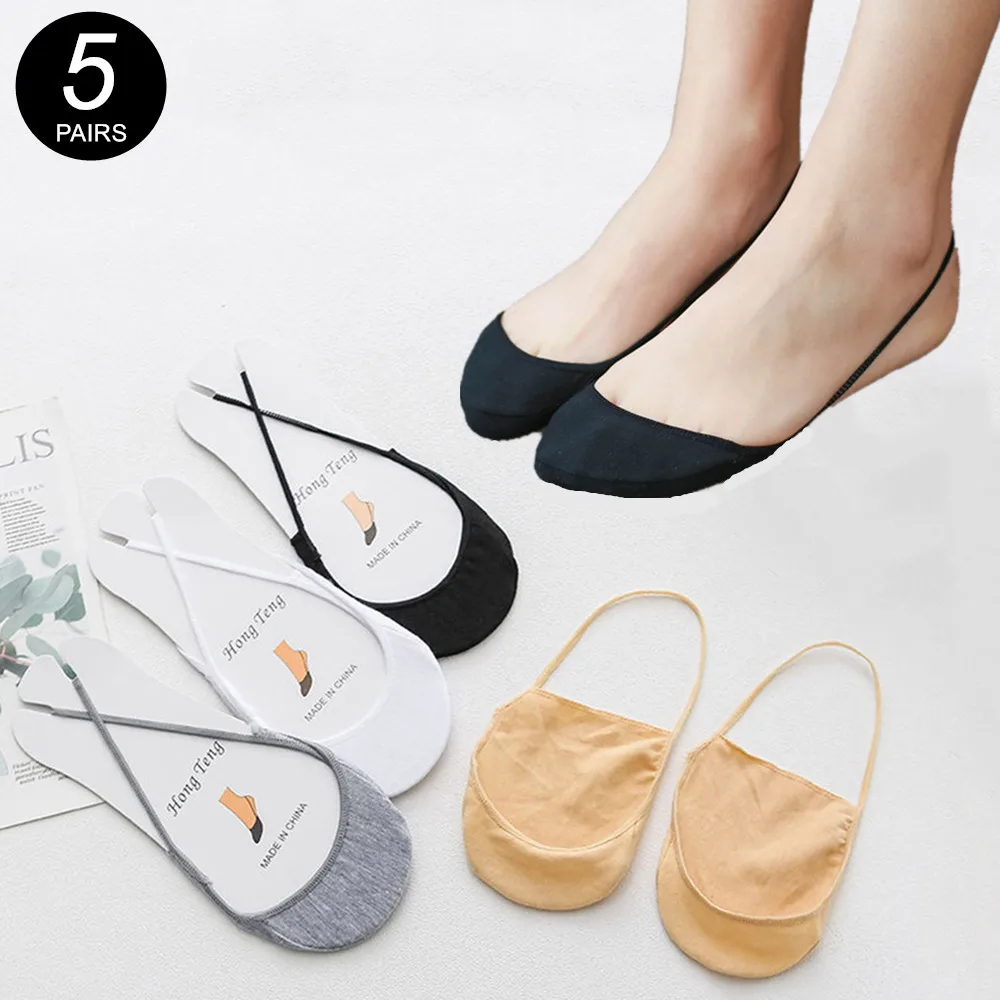 5 Pairs Suspenders Women Cotton Boat Socks Invisible Shallow Mouth Summer Thin Half Sole Socks Not Drop Heel Short Sox