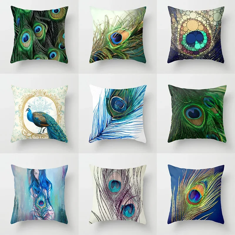 

Peacock feather series ethnic style pillowcase personalized animal pattern peach skin cushion cover funda cojin