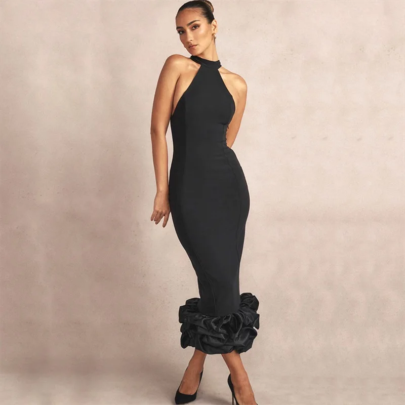 

Stacked Skirt Hem Women Prom Dress Halter Sleeveless Sheath Party Gown Elegant Black High Waist Backless One Pace Skirt In Stock