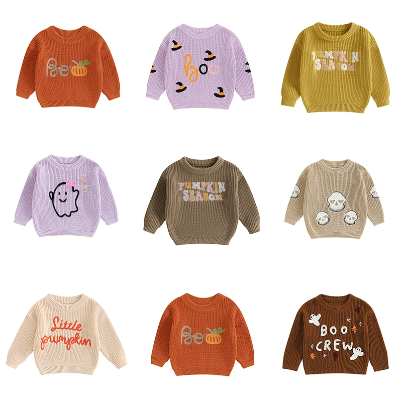 Baby Girls Sweater Autumn Winter Toddler Kids Baby Boys Girls Halloween Sweaters Pumpkin Letter Ghost Long Sleeve Pullover Knitted Jumper Tops