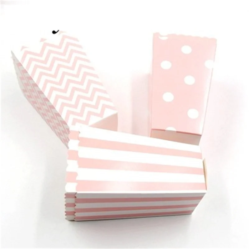 New 6/12Pcs Pink Dot Wave Striped Paper Popcorn Box Pop Corn Candy Sanck Favor Bag Xmas Wedding Kid Birthday Party Decoration