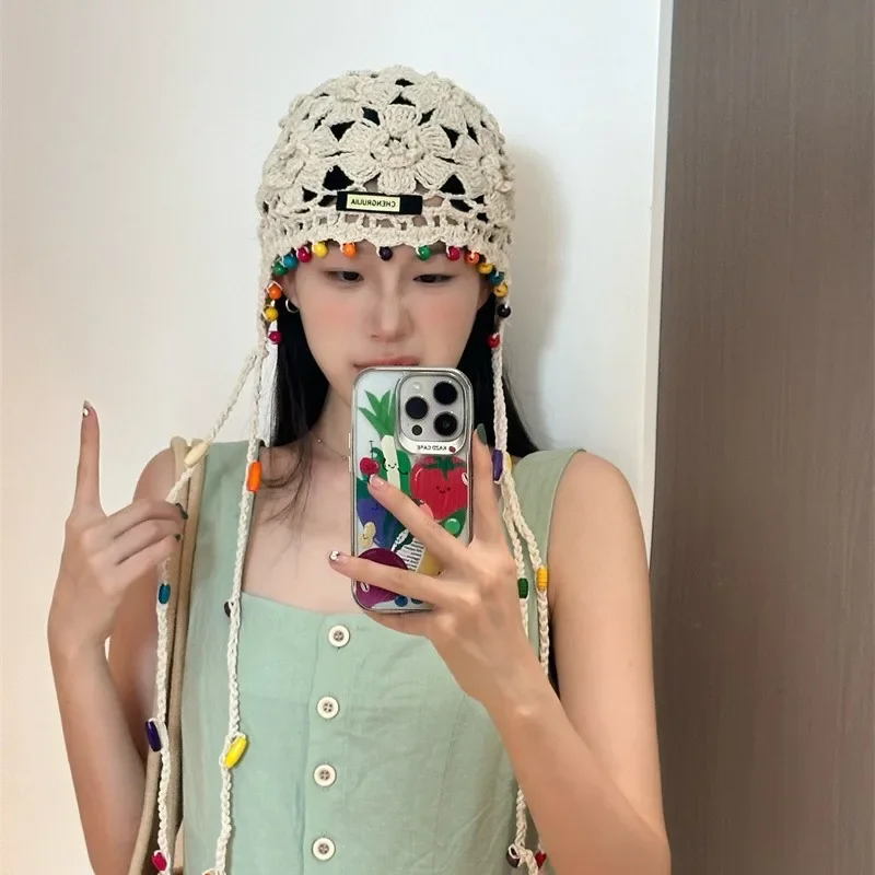 Handmade Crochet Hat Y2k Fashion Hollow Beanie Hat Cap with Beads Tassle Thread Knitting Thin  Baotou Hat for Decoration Japan 4