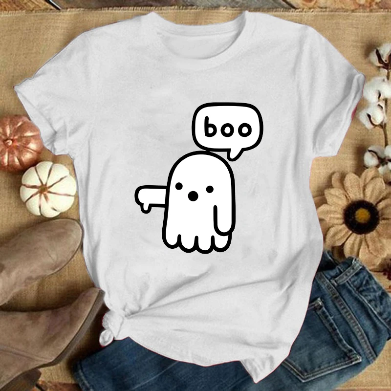 

(Premium T-shirt)Halloween Boo Letter Print T Shirts With Funny Saying Girls And Women'S Fashion Graphic Tee Black T Shirts