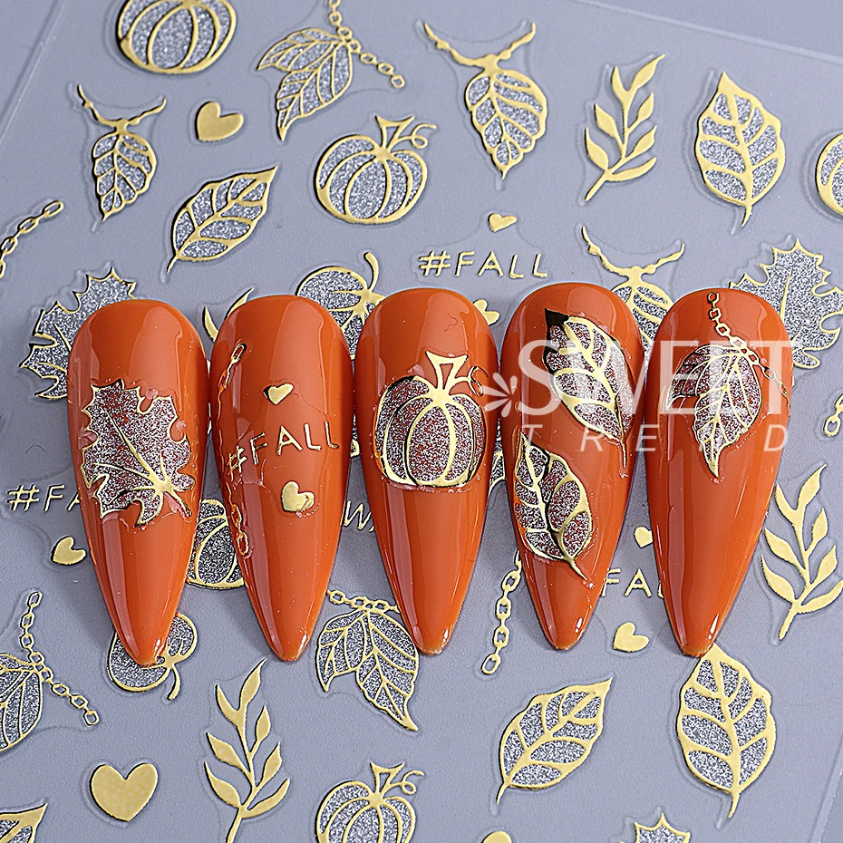 2pcs Glitter Pumpkin Nail Stickers Autumn Gold Edge Fall Leaves Designs 3D Self Adhesive Sliders Nail Decals DIY Manicure Decor