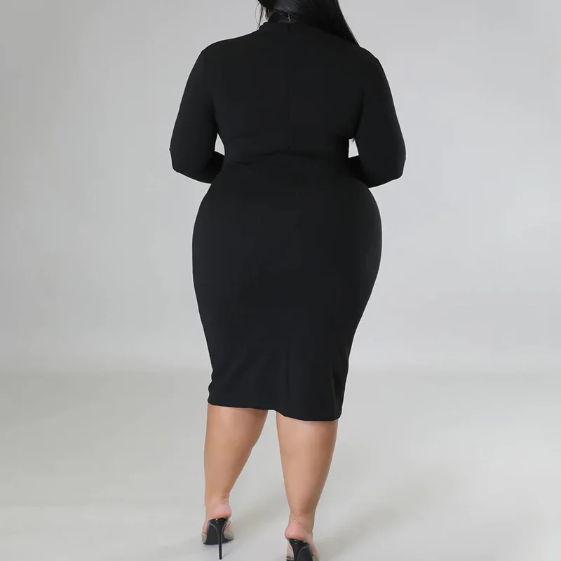 2022 Autumn New Sexy Deep V Neck Solid Color Long Sleeve Slim Zipper Bag Hip Midi Dress Fashion Plus Size Women's Clothing