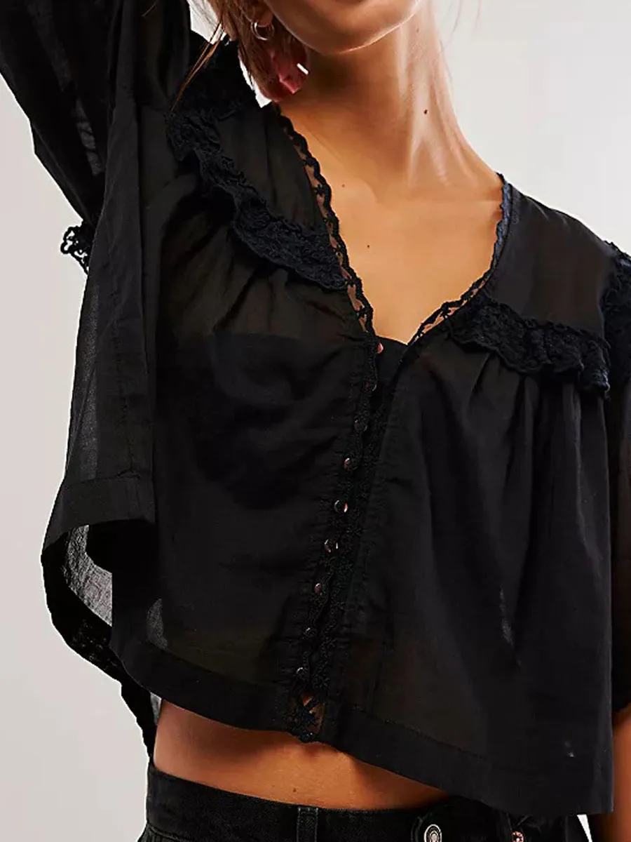 

Y2k Women Ruffle Button Down Shirt Short Sleeve Sheer Lace Going Out Crop Tops Sexy V Neck See Through Blouse